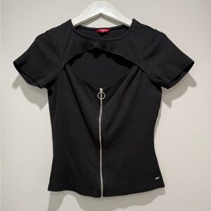 Guess Black Short Sleeve Zip-Front Top with Cutout Detail Size XL